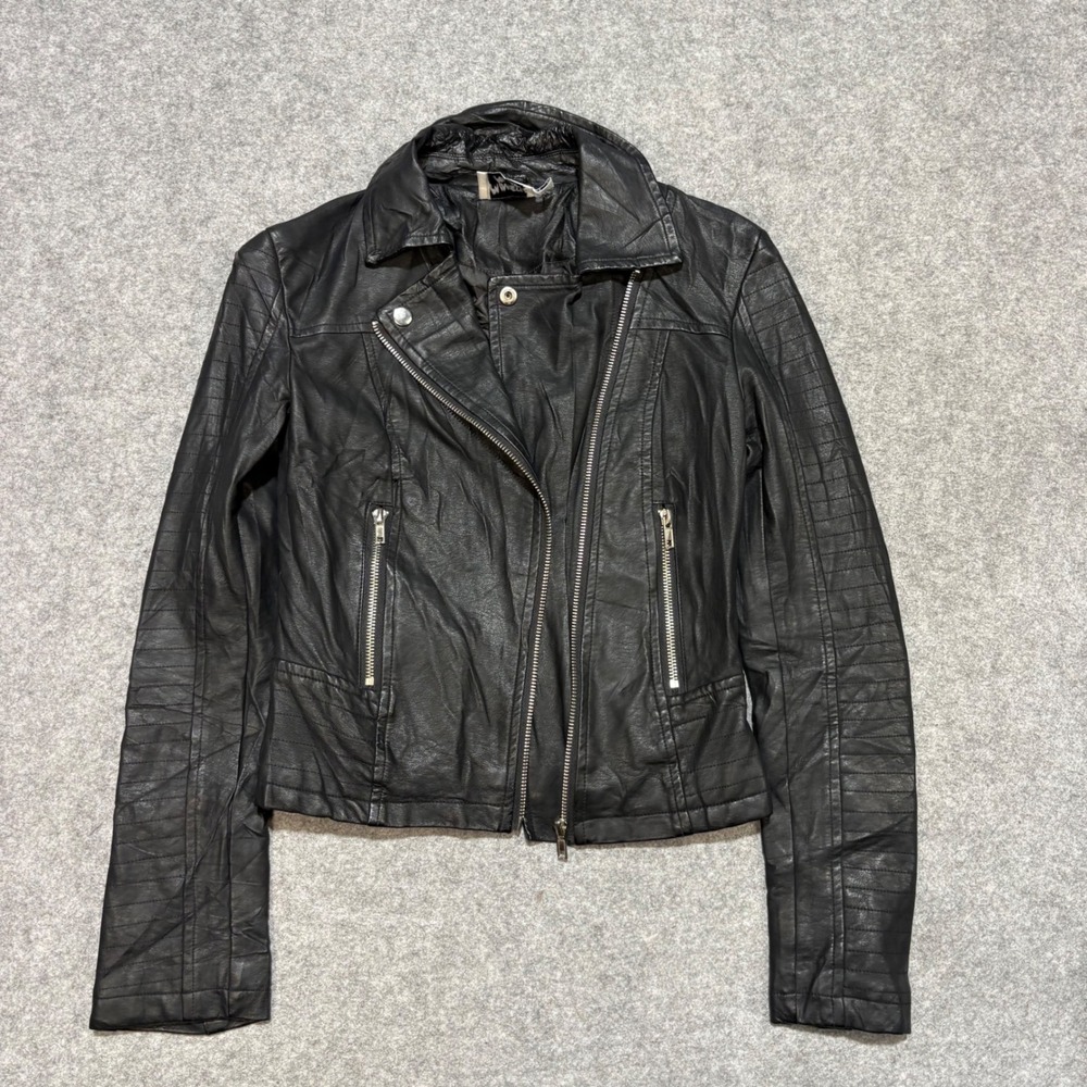 Princess Polly Black Faux Leather Biker Moto Jacket Size 0 Quilted Sleeve Zip